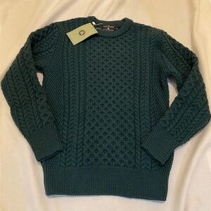 The Irish Store 100% Merino Wool Crew Neck Hunter Green Fisherman Sweater NWT